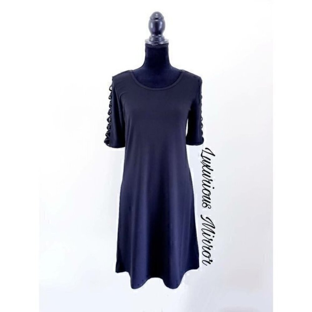 89th + Madison Womens A Line Dress Black Scoop Neck Short Sleeve Stretch S New